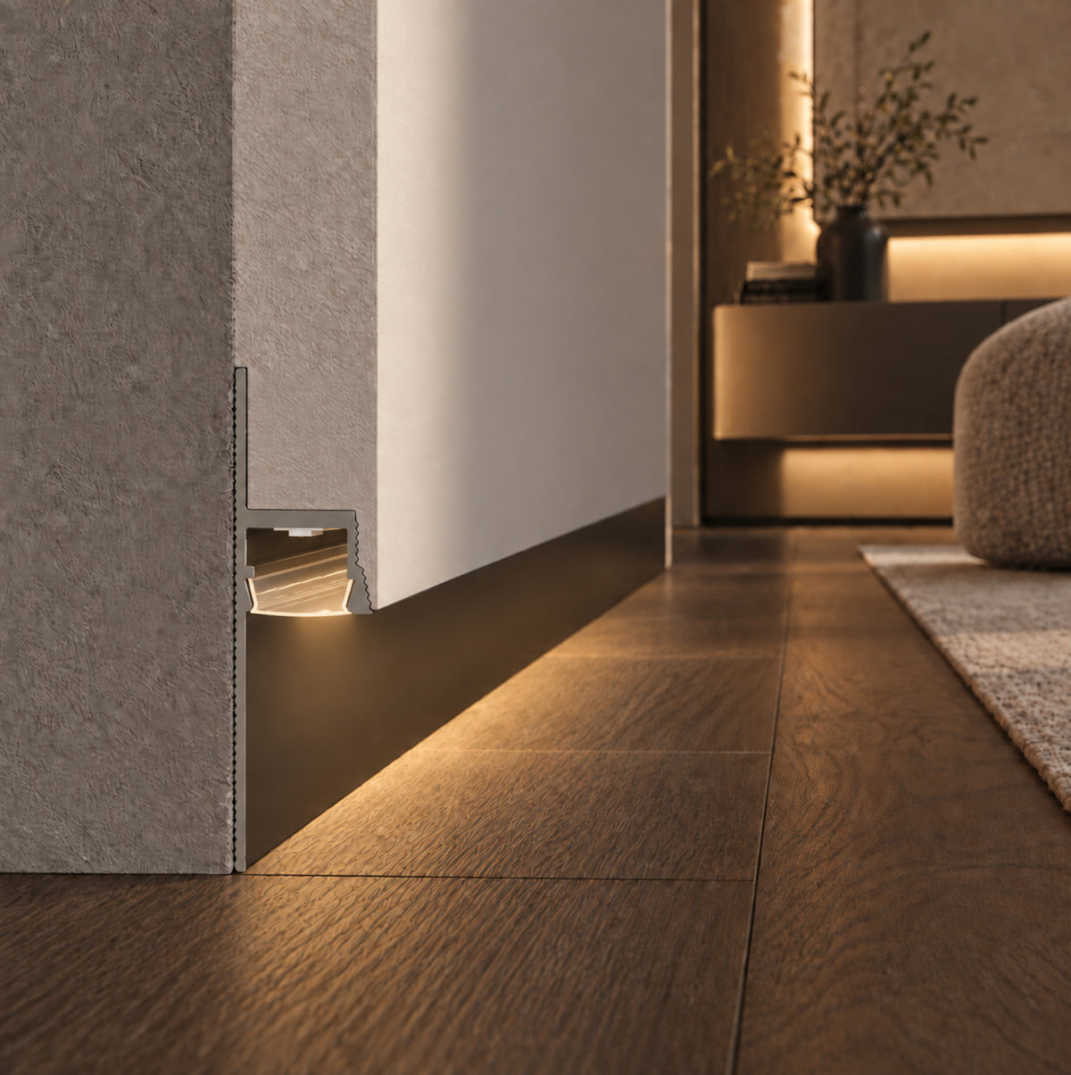 Shadow Gap Light Hidden Skirting and Cove Profile, M1, Aluminum, Matte Black, Anodized, 2 m, 16.2 x 55 mm